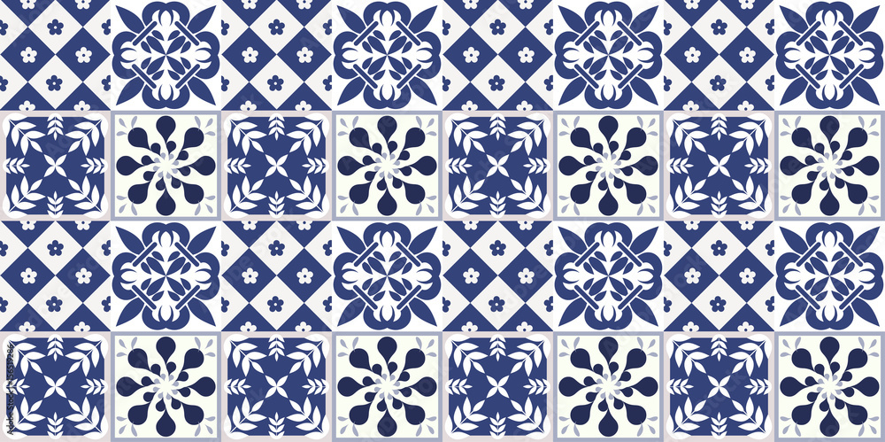 Fototapeta premium Blue Portuguese tiles pattern - Azulejos vector, fashion interior design tiles