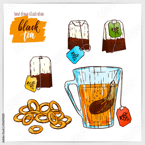 Hand drawn vector illustration of tea-party stuff.