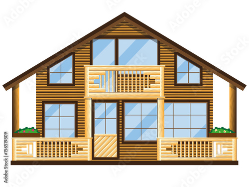 The facade of a wooden house with a balcony and veranda. Two-story building on a white background. Vector illustration.