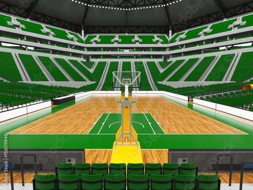 Beautiful modern sport arena for basketball with green chairs and VIP boxes for twenty thousand people