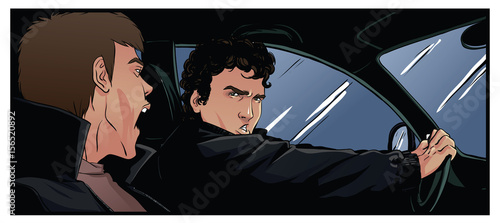 Two men in the car, shouting something