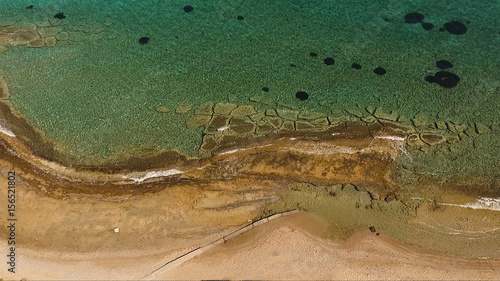 Aerial drone photo of Agistri island with clear waters, Saronic gulf, Greece