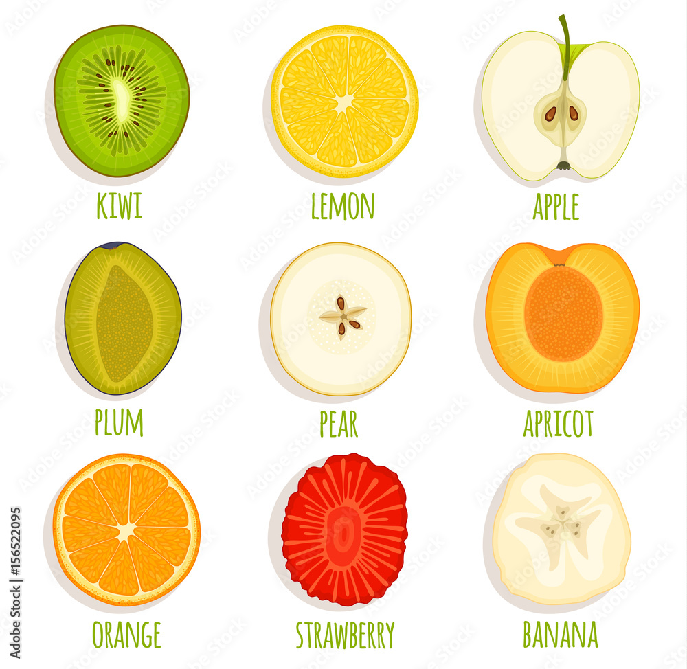 Set of sliced fruit. Vector icon collection of fruit cut in half, slide