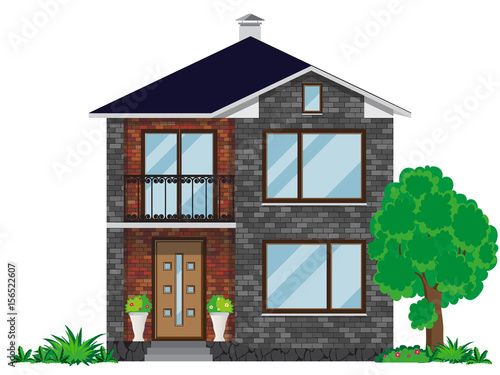 The facade of a brick house with a balcony. Two-story building with a tree and green bushes on a white background. Vector illustration.