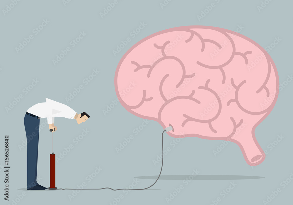 Improving Knowledge Concept: man pumps up a brain. Improving Knowledge Concept: man pumps up a brain.