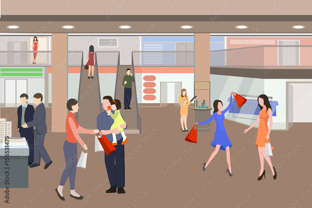 Fototapeta premium Shopping in a mall cartoon illustration. Silhouettes of people in shopping center. Vector illustration. Men and women with packages. 