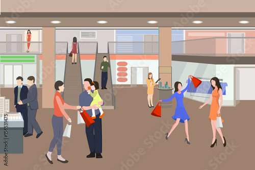 Shopping in a mall cartoon illustration. Silhouettes of people in shopping center. Vector illustration. Men and women with packages. 
