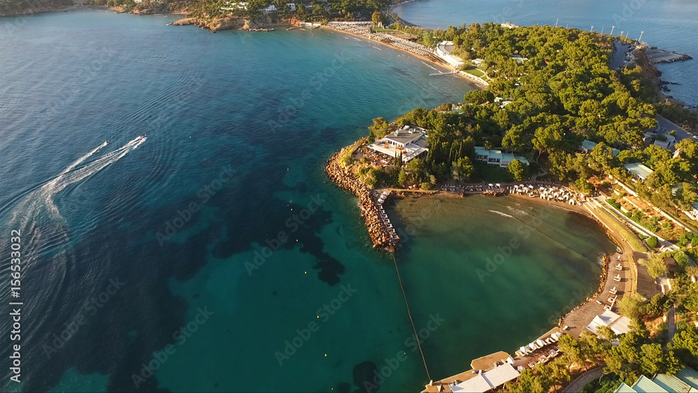 Aerial drone photo of iconic beach of Astir in Vouliagmeni, Athens Riviera, Greece