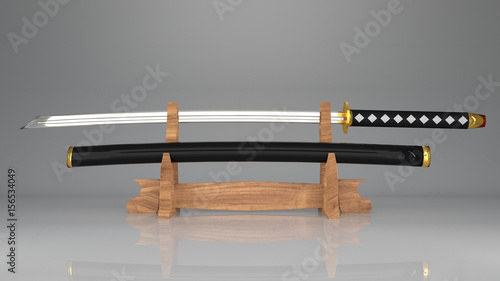 Obraz na plátně 3D samurai sword with a sheath of Japanese people on the sword display rack made from wood