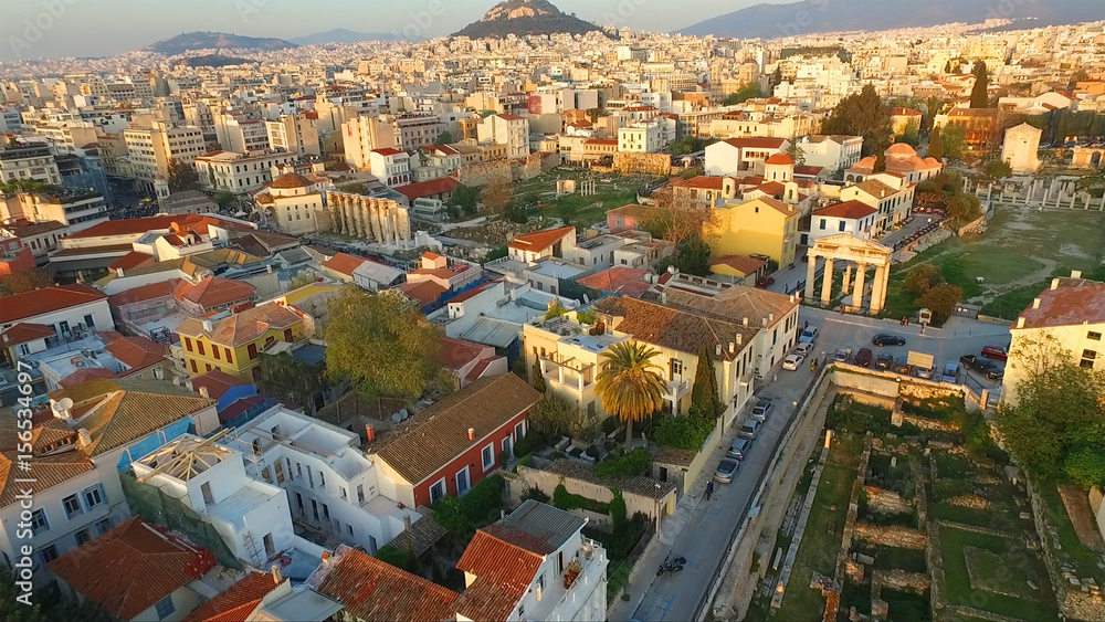 Aerial drone photo of Ancient Agora in Athens historic centre, Attica, Greece