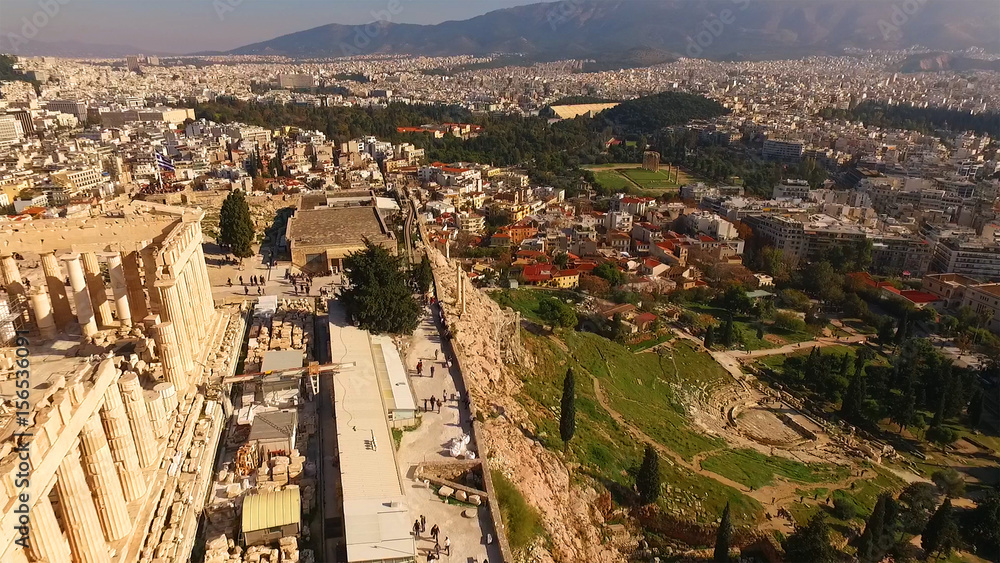 Aerial drone photo of Acropolis and the Pathenon, Athens historic centre, Attica, Greece