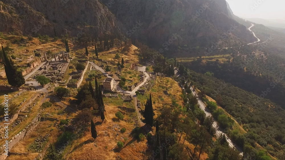 Naklejka premium Aerial drone photo of Delphi archaeological site, Greece