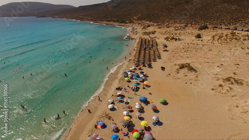 Aerial drone photo of Elafonisos beach with turquoise clear waters, Peloponnese, Greece © aerial-drone