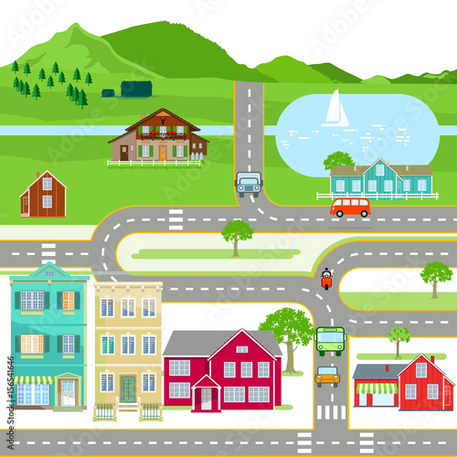 Landschaft mit Häusern und straßenverkehr, Illustration