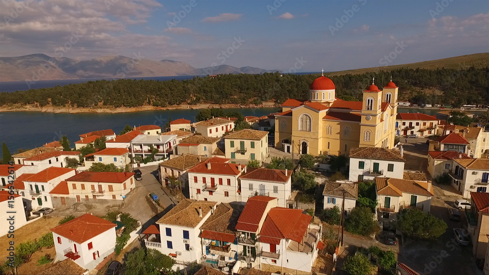 Aerial drone video of traditional village of Galaxidi, Fokida, Greece