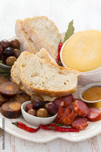 smoked portuguese sausage, olives, cheese and bread