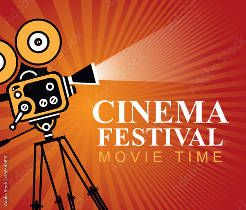 Vector cinema festival poster with old fashioned movie camera. Red movie background with words movie time. Can used for banner, poster, web page, background