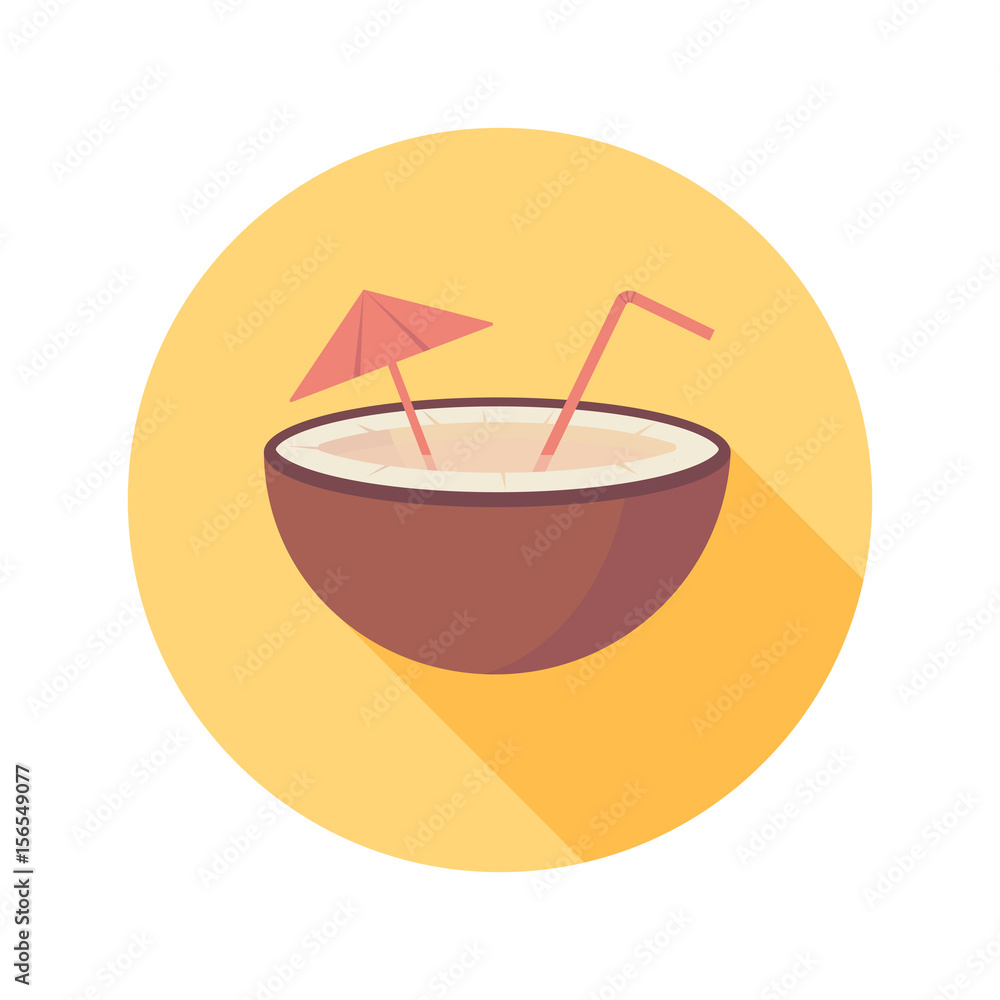 Coconut fruit with straw and umbrella on circle icon in flat vector style isolated on the white background.
