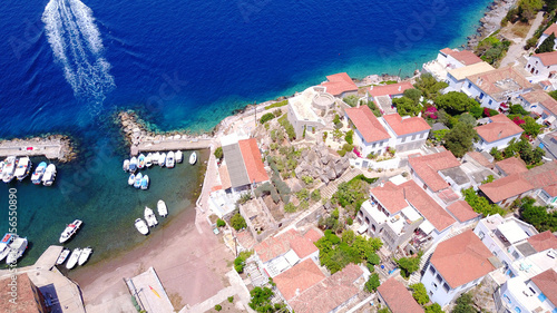 Aerial drone video of Hydra picturesque island, Saronic gulf, Greece photo