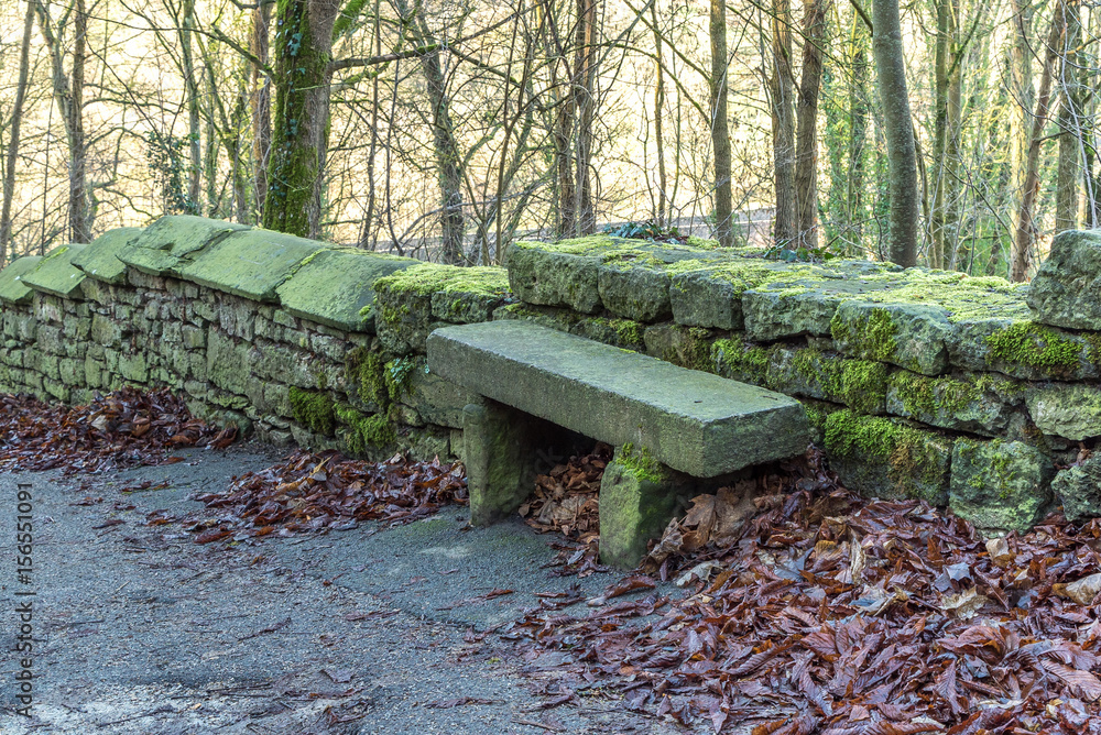 Steinerne Parkbank umgeben von Herbstlaub Steinerne Parkbank umgeben von Herbstlaub