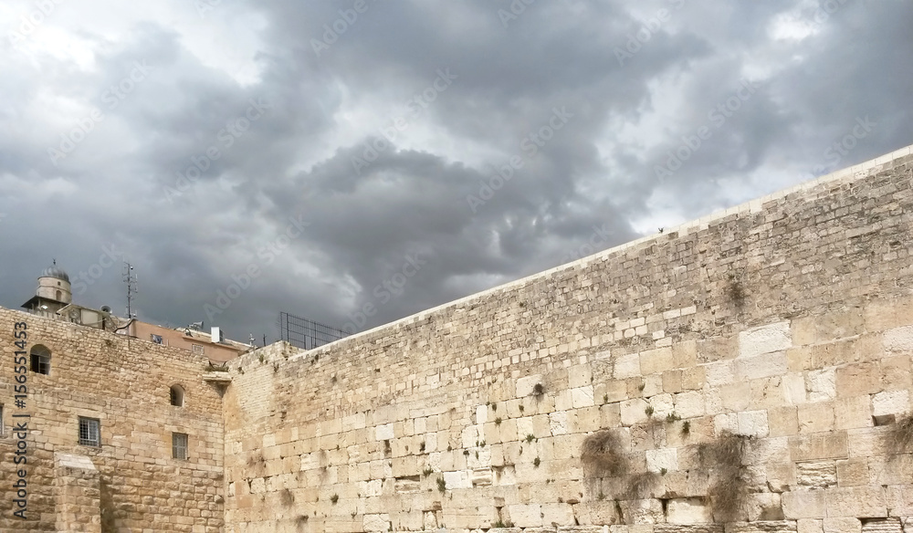 Western Wall in Jerusalem on Grey Cloudy Day