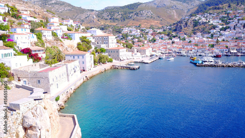 Aerial drone video of Hydra picturesque island, Saronic gulf, Greece