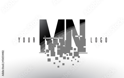 MN M N Pixel Letter Logo with Digital Shattered Black Squares
