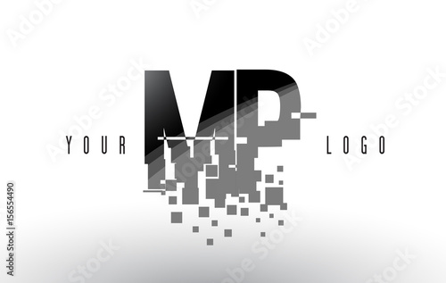 MP M P Pixel Letter Logo with Digital Shattered Black Squares