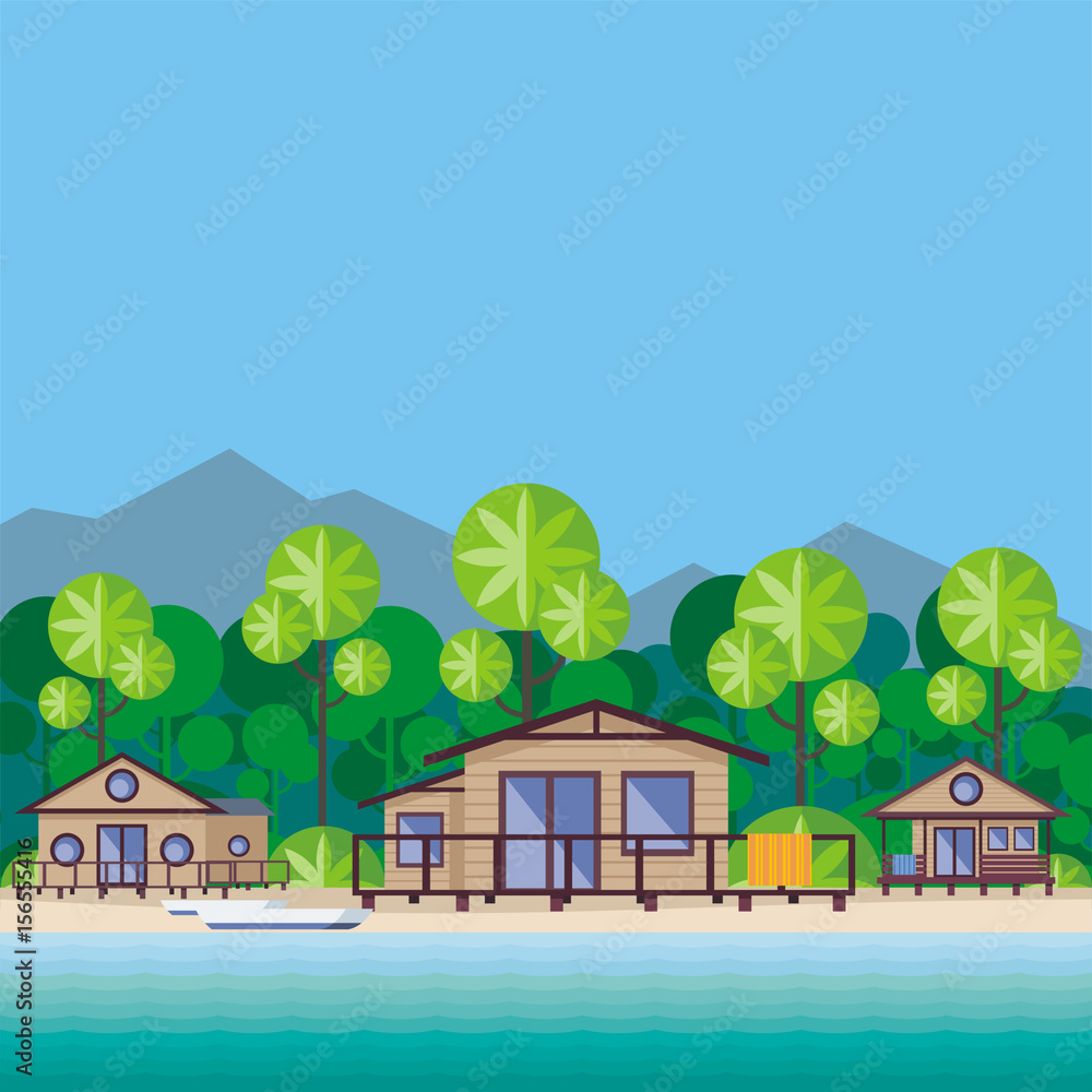 Beach cabanas are surrounded by tropical plants. Beautiful sea landscape. Vector background.