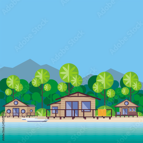 Beach cabanas are surrounded by tropical plants. Beautiful sea landscape. Vector background.