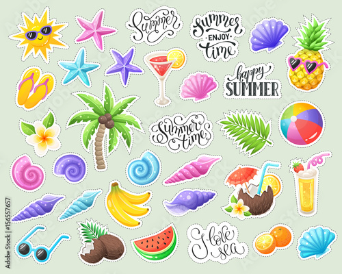 Tropical summer stickers isolated. Summer time wording with colorful beach objects. Fresh tropical fruits and cocktails icons.