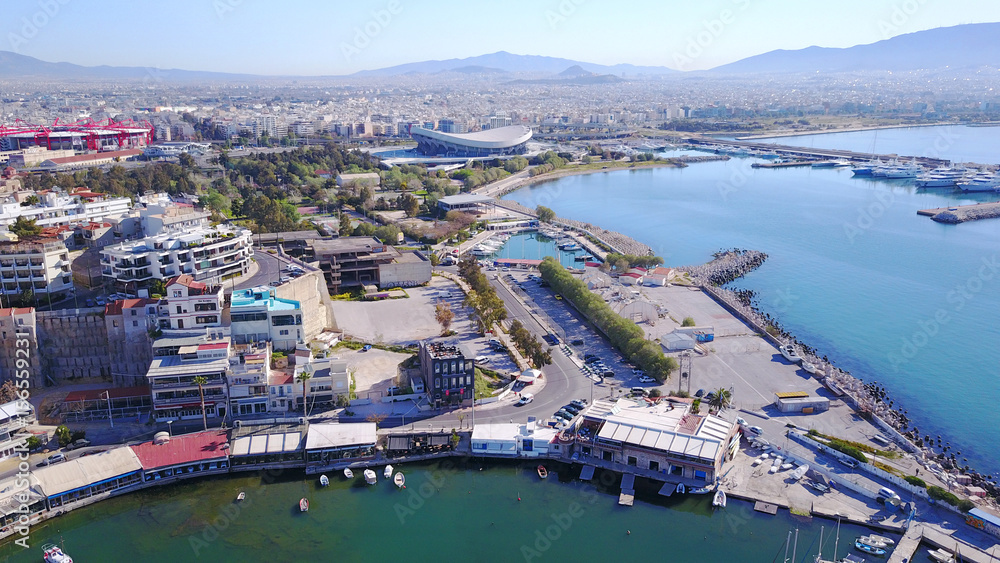 Aerial drone video of Mikrolimano in Peiraeus, Attica , Greece