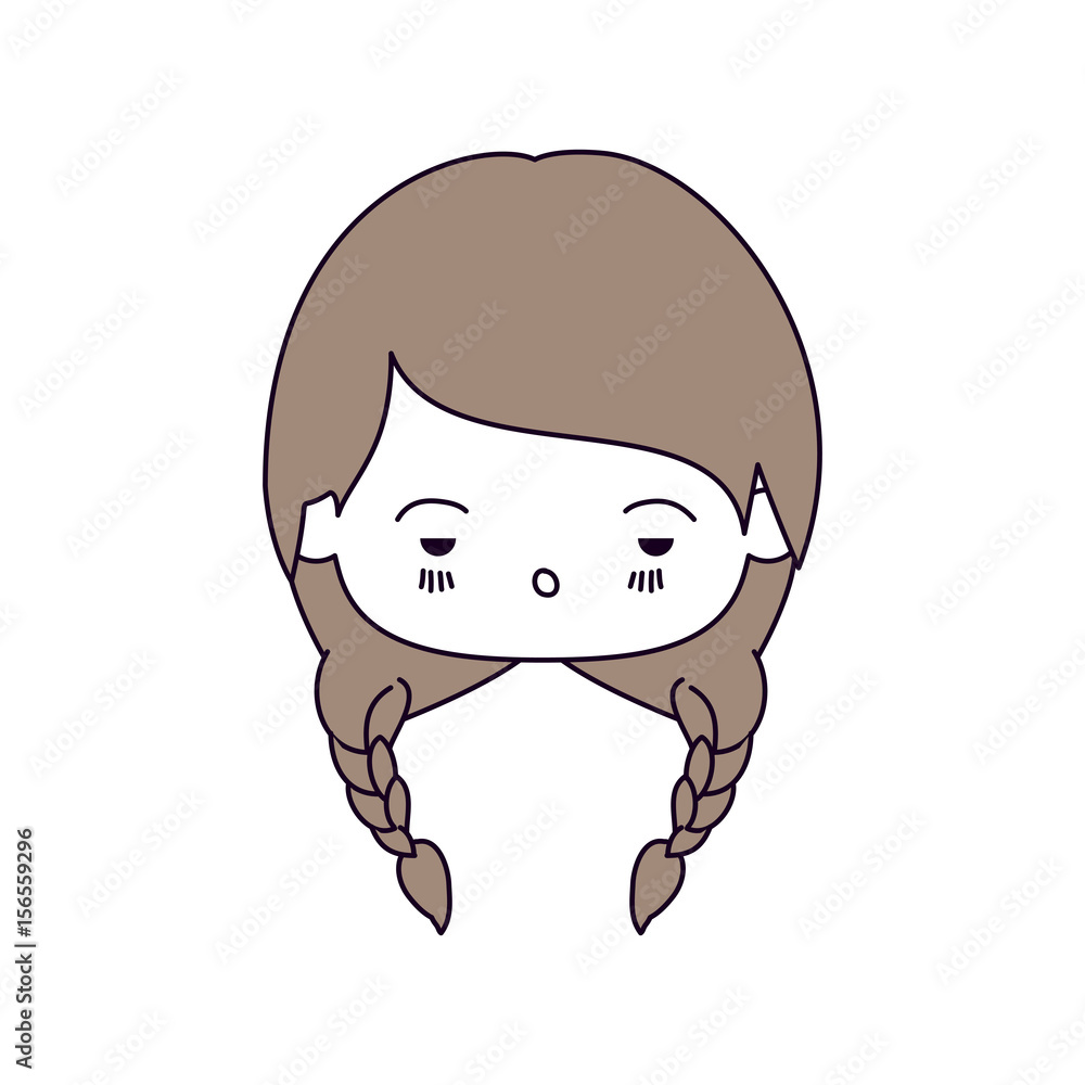 Fototapeta premium silhouette color sections of facial expression sad kawaii little girl with braided hair in light brown vector illustration