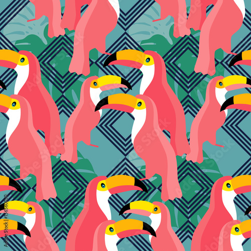 Seamless vector background. Pink toucans on a tropical background. Vector illustration.
