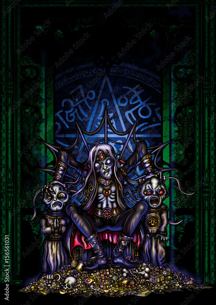 Undead master. Illustration sinister dark prince. He sits on a throne by a gold pile with two servants acolytes.
Against a background of a magical portal with a copy space Undead master. Illustration sinister dark prince. He sits on a throne by a gold pile with two servants acolytes.
Against a background of a magical portal with a copy space