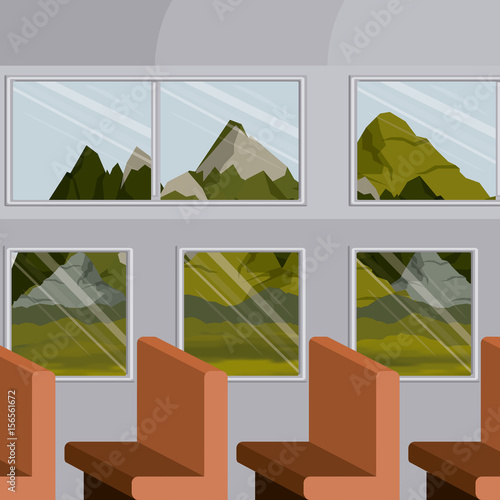 colorful background interior train with a passenger compartment row chairs and landscape scenary outside vector illustration