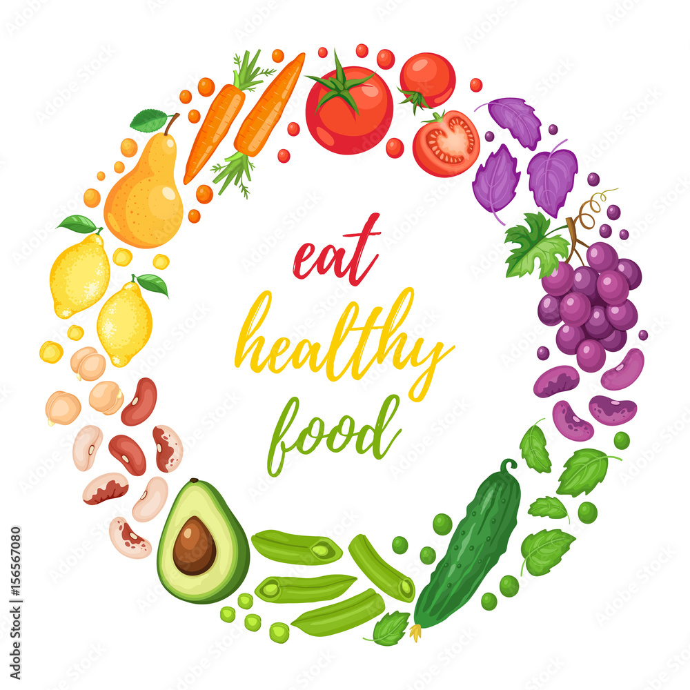 Vettoriale Stock Eat healthy food poster with fresh fruits and vegetables  isolated on white background. Circle composition from fruits and vegetables  arranged in rainbow colors. | Adobe Stock