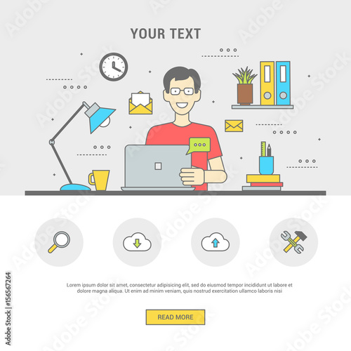 Conceptual banner human in workplace on computer communicates. Man in glasses is sitting at table of device. Line flat design symbols and icons for web, printing. Vector illustration