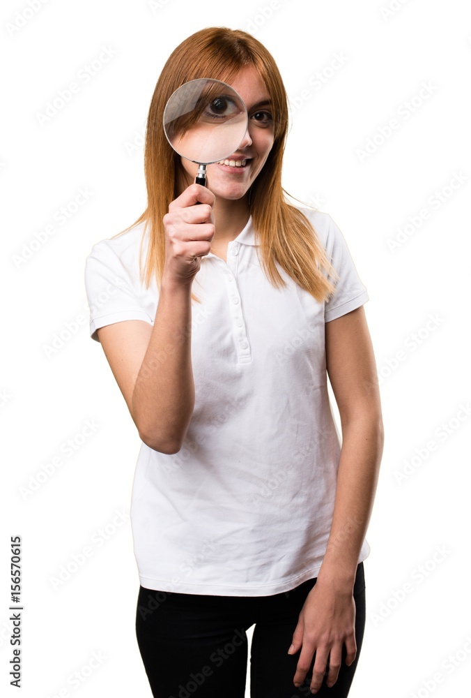 Happy Beautiful young girl with magnifying glass Happy Beautiful young girl with magnifying glass