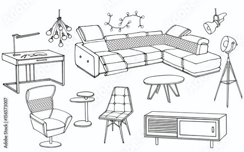 Loft sofa 1 sketch of a set of furniture for the living room in the loft ,  workplace, big corner sofa, lamp, table, for interior decoration of room indoor, vector black lines in white background