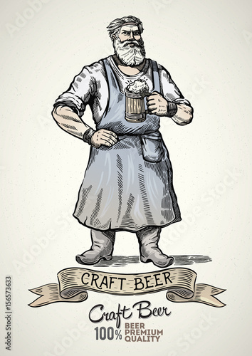 Happy brewer characters, holding a mug full of beer, illustration in engraving style and painted color.