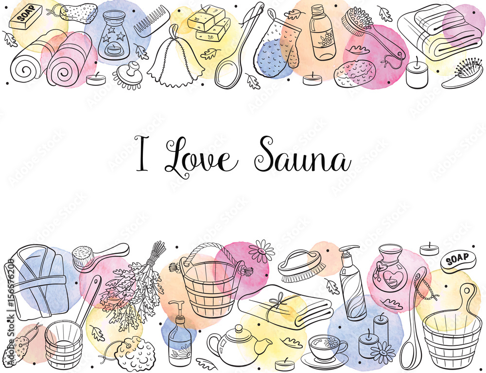 Obraz premium I love sauna. Sauna accessories sketches in horizontal composition. Hand drawn spa items collection. Doodle therapy objects isolated on white background.