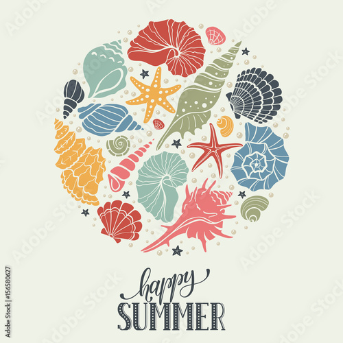 Summer time circle banner. Hand drawn sea shells and stars collection. Marine illustration of ocean shellfish. Colorful seashells arranged in circle shape isolated on light background.