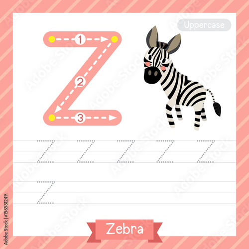 Letter Z uppercase tracing practice worksheet with zebra for kids learning to write. Vector Illustration.