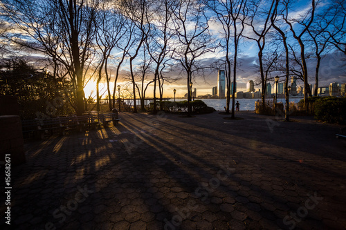 Stunning sunset in South Cove Park along the waterfront New York City