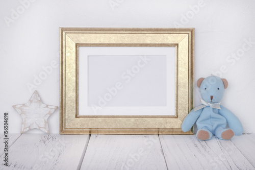 Stock photography golden picture frame cute blue bear star craft mock up for text message