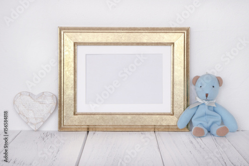 Stock photography golden picture frame cute blue bear mock up for text message