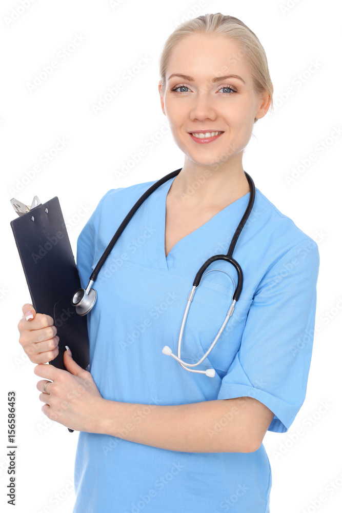 Smiling young nurse portrait isolated over white background. 
