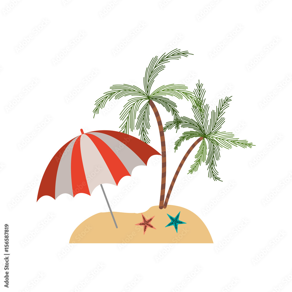 color silhouette of beach with palm trees and starfish and umbrella vector illustration