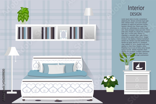 The interior of the bedroom. Room in blue color with the furniture . Vector illustration. cartoon flat design